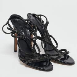 Gina Black Leather Crystal Embellished Ankle Strap Sandals Size 40