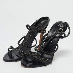 Gina Black Leather Crystal Embellished Ankle Strap Sandals Size 40