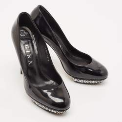 Gina Black Patent Leather Crystal Embellished Heel Platform Pumps Size 39