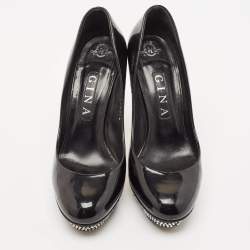 Gina Black Patent Leather Crystal Embellished Heel Platform Pumps Size 39