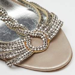 Pre Owned Gina Silver Leather Crystal Embellished T-Strap Sandals Size 40
