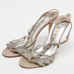 Pre Owned Gina Silver Leather Crystal Embellished T-Strap Sandals Size 40