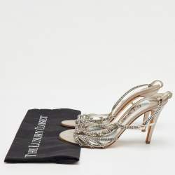 Pre Owned Gina Silver Leather Crystal Embellished T-Strap Sandals Size 40