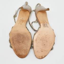 Pre Owned Gina Silver Leather Crystal Embellished T-Strap Sandals Size 40
