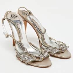 Pre Owned Gina Silver Leather Crystal Embellished T-Strap Sandals Size 40