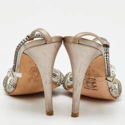 Pre Owned Gina Silver Leather Crystal Embellished T-Strap Sandals Size 40