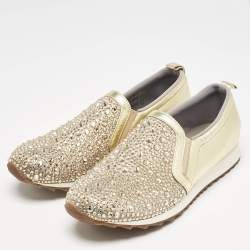 Gina Beige Leather and Crystal Embellished  Slip On Sneakers Size 40