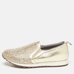 Gina Beige Leather and Crystal Embellished  Slip On Sneakers Size 40