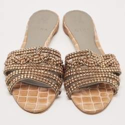 Pre Owned Gina Brown/Grey Croc Embossed Patent Leather Loren Flat Slides Size 38.5