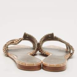 Pre Owned Gina Brown/Grey Croc Embossed Patent Leather Loren Flat Slides Size 38.5