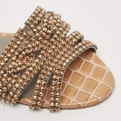 Pre Owned Gina Brown/Grey Croc Embossed Patent Leather Loren Flat Slides Size 38.5