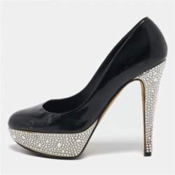 Gina Black Patent Leather  Crystal Embellished Platform Pumps Size 37