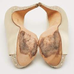 Gina Beige Satin Crystal Embellished Peep Toe Platform Pumps Size 38.5