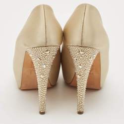 Gina Beige Satin Crystal Embellished Peep Toe Platform Pumps Size 38.5