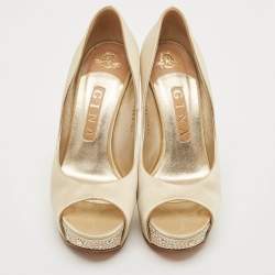 Gina Beige Satin Crystal Embellished Peep Toe Platform Pumps Size 38.5