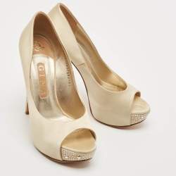 Gina Beige Satin Crystal Embellished Peep Toe Platform Pumps Size 38.5
