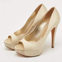 Gina Beige Satin Crystal Embellished Peep Toe Platform Pumps Size 38.5