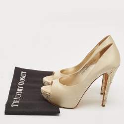 Gina Beige Satin Crystal Embellished Peep Toe Platform Pumps Size 38.5