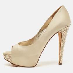 Gina Beige Satin Crystal Embellished Peep Toe Platform Pumps Size 38.5