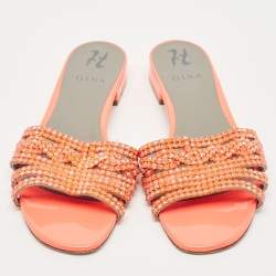 مملوكة مسبقًا Gina Pink Crystal Embellished Leather Flat Sandals Size 41