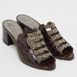 Gina Dark Brown Croc Embossed Patent Leather Crystal Embellished Slide Sandals Size 37