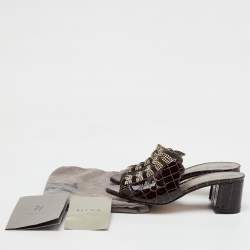 Gina Dark Brown Croc Embossed Patent Leather Crystal Embellished Slide Sandals Size 37