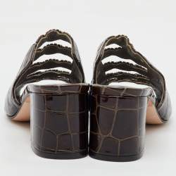 Gina Dark Brown Croc Embossed Patent Leather Crystal Embellished Slide Sandals Size 37