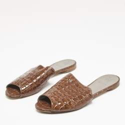Gina Brown Croc Embossed Patent Leather Slide Sandals Size 41