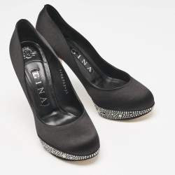 Gina Black Satin Crystals Platform Pumps Size 36.5