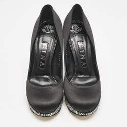 Gina Black Satin Crystals Platform Pumps Size 36.5