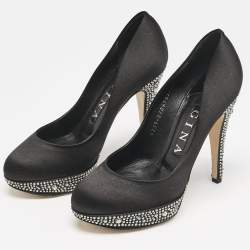 Gina Black Satin Crystals Platform Pumps Size 36.5