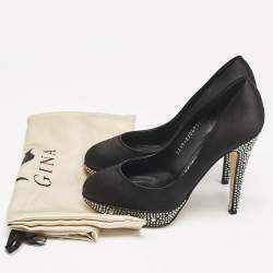 Gina Black Satin Crystals Platform Pumps Size 36.5