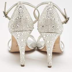 Gina Silver Leather Crystals Embellished Ankle Strap Sandals Size 39.5