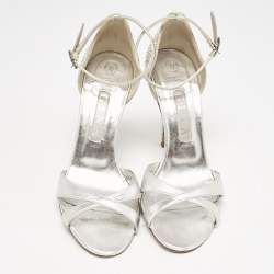 Gina Silver Leather Crystals Embellished Ankle Strap Sandals Size 39.5