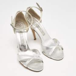 Gina Silver Leather Crystals Embellished Ankle Strap Sandals Size 39.5
