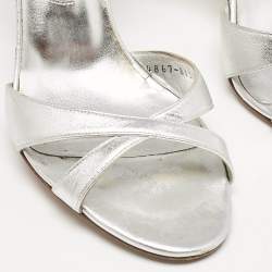 Gina Silver Leather Crystals Embellished Ankle Strap Sandals Size 39.5