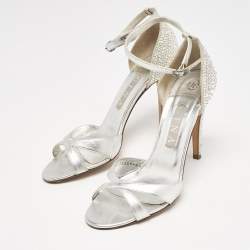 Gina Silver Leather Crystals Embellished Ankle Strap Sandals Size 39.5