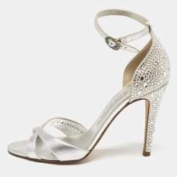 Gina Silver Leather Crystals Embellished Ankle Strap Sandals Size 38.5