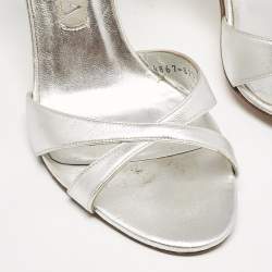 Gina Silver Leather Crystals Embellished Ankle Strap Sandals Size 38.5