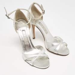 Gina Silver Leather Crystals Embellished Ankle Strap Sandals Size 38.5