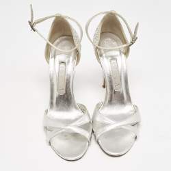 Gina Silver Leather Crystals Embellished Ankle Strap Sandals Size 38.5