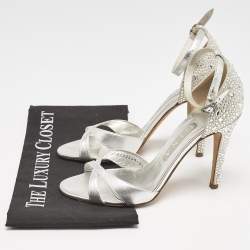 Gina Silver Leather Crystals Embellished Ankle Strap Sandals Size 38.5
