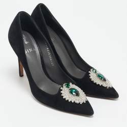 Gina Black Suede Giada Crystal Embellished Pointed Toe Pumps Size 38