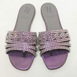 Pre Owned Gina Metallic Purple Patent Leather Crystal Embellished Flats Size 38