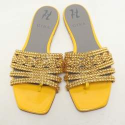 Pre Owned Gina Metallic Yellow Crystals Embellished Flat Sandals Size 38.5