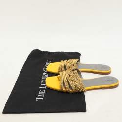 Pre Owned Gina Metallic Yellow Crystals Embellished Flat Sandals Size 38.5
