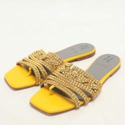 Pre Owned Gina Metallic Yellow Crystals Embellished Flat Sandals Size 38.5