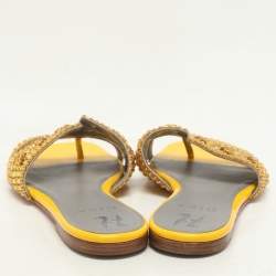 Pre Owned Gina Metallic Yellow Crystals Embellished Flat Sandals Size 38.5