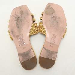 Pre Owned Gina Metallic Yellow Crystals Embellished Flat Sandals Size 38.5