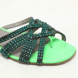 Gina Green Leather Crystal Embellished Flat Slides Size 38.5
